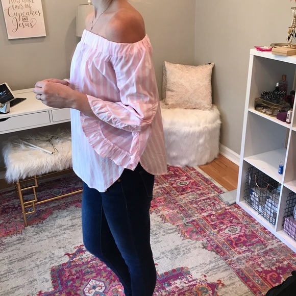 COPY - Off the Shoulder Striped Shirt with Ruffle… - Picture 1 of 6